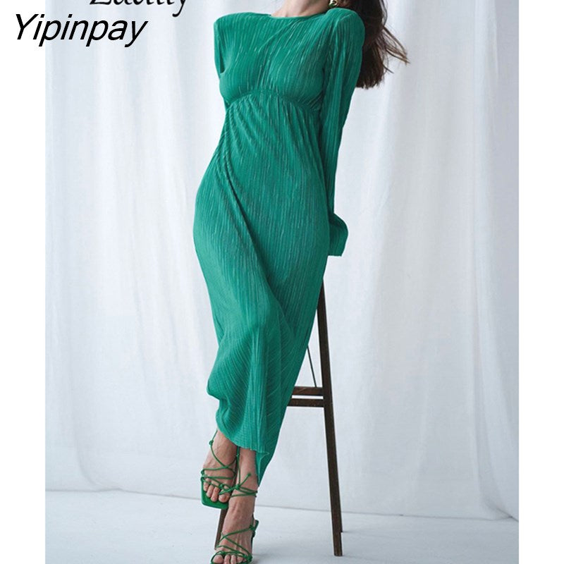 Yipinpay 2023 Spring New Sexy Full Sleeve Women Long Pleated Dress Elegant Solid Color Slim Waist Backless Party Woman Dresses