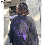 Yipinpay Women T-Shirts Oversized Y2k Streetwear Washed Long Sleeve Tops Harajuku Graphic Goth Vintage Korean Fashion Aesthetic Clothing