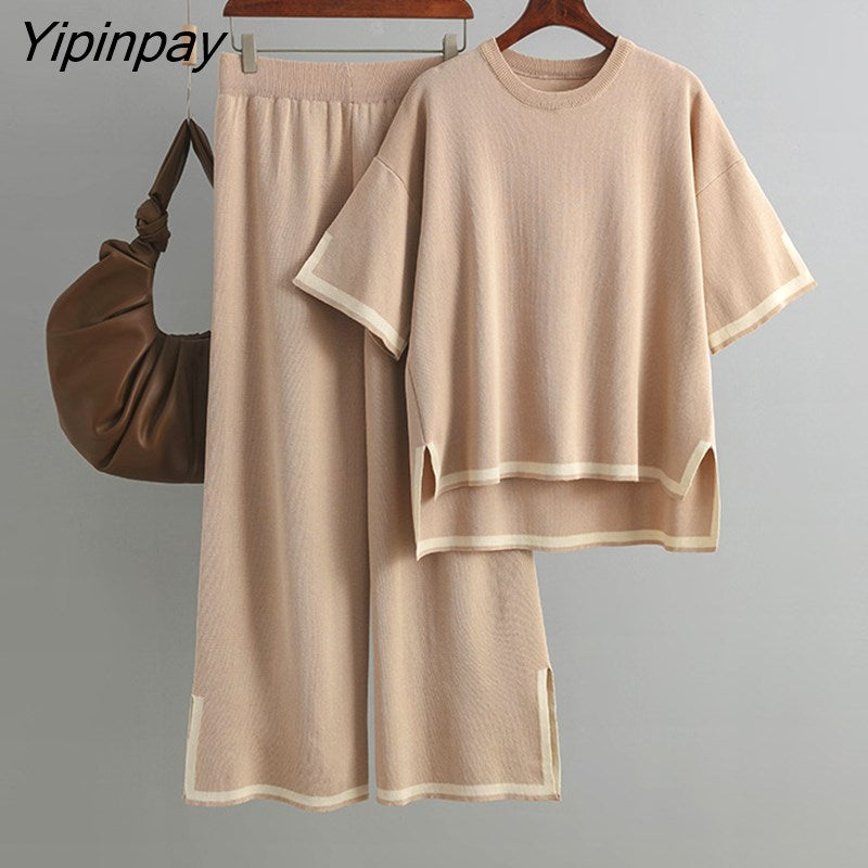 Yipinpay Knit Two Piece Summer Set Women Baggy Slit Tops And Wide Leg Pants High Waist Color Block Knitwear 2PCS Outfits Sets