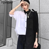 Yipinpay Street Style Oversize Women Shirt Gothic Black White Patackwork Short Sleve Ladies Blouse 2023 Summer Button Up Clothing