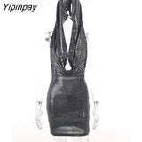 Yipinpay Sequin Hooded Backless Halter Dress For Women Fashion Solid Sleeveless Slit Mini Dresses 2023 High Street Swing Collar Robe