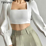 Yipinpay 2023 Autumn Puff Long Sleeve White Blouse Women Sexy Square Collar Backless Ladies Crop Tops Shirt Party Female Clothing