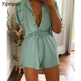 Yipinpay Solid Two Piece Suits Women Casual V Neck Short Sleeve Shirt And Lace Up straight Shorts Sets 2023 Summer female Outfits