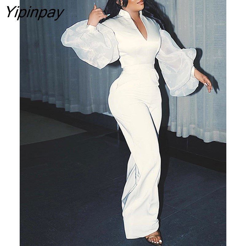 Yipinpay Women's Elegant Gauze Lantern Sleeve Bandage Tops Pants Two Piece Set 2023 Lady Fashion Backless Blouse Wide Leg Trousers Suits