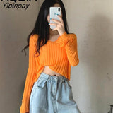 Yipinpay Spring Sexy Solid Color thin Women Sweater Long Sleeve Loose Transparent Short Womens Sweaters INS V Neck Female Pullovers