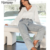 Yipinpay 2023 Spring Sexy Folds Flare Long Sleeve Women White Shirt Korea Style Button Up Woman Crop Tops Blouse Female Clothing