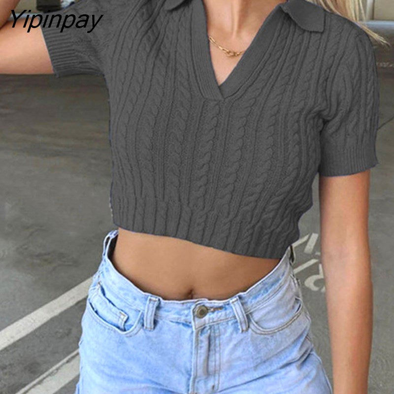 Yipinpay Women Knitted Ribbed Top Sexy Short Tshirt Female Pullovers Summer 2023 Stretch Tees Streetwear Black Blue Knit Crop Tops