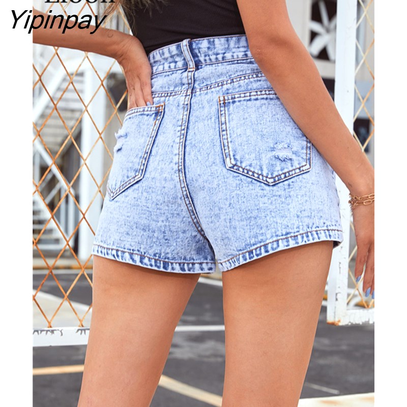 Yipinpay Blue Distressed Ripped Denim Shorts Women Bottoms Streetwear With Pockets Summer Washed High Waist Sexy Hole Jean Shorts