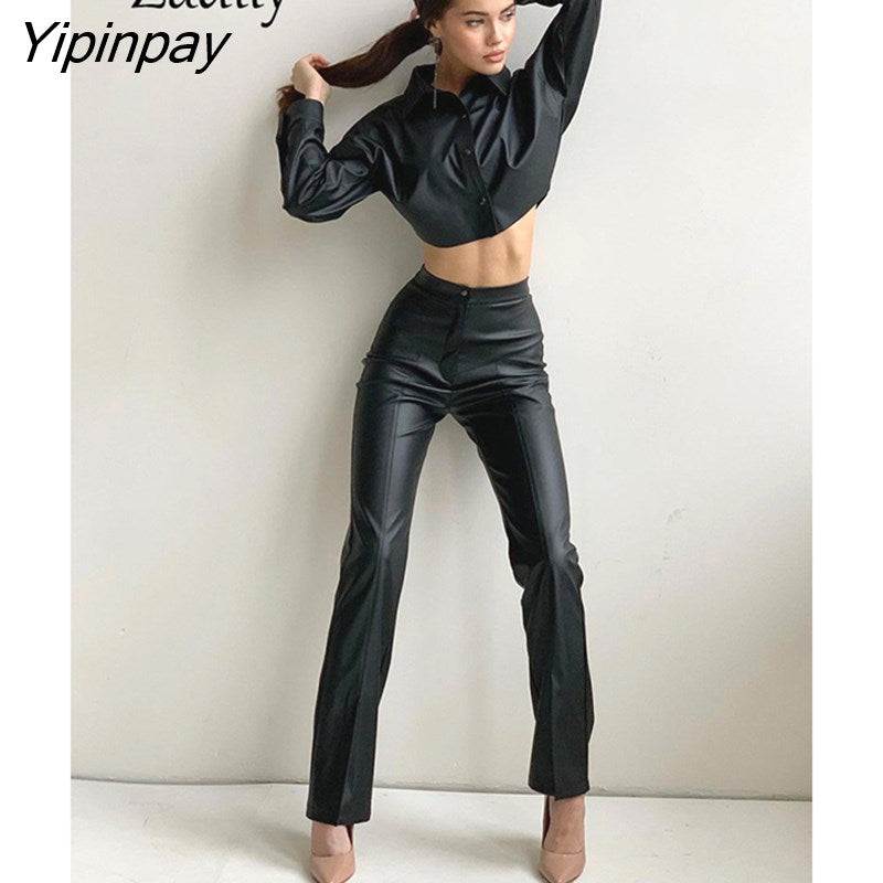 Yipinpay 2023 Spring New In Streetwear Long Sleeve Black Pu Shirt Women Sexy Button Up Woman Crop Tops Blouse Female Clothing