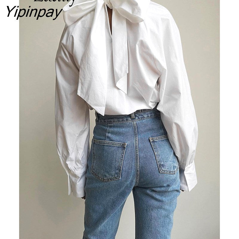 Yipinpay 2023 Spring New Elegant Long Sleeve Women White Blouse Vintage Bow Stand Neck Woman Shirt Female Fashion Clothing Tops