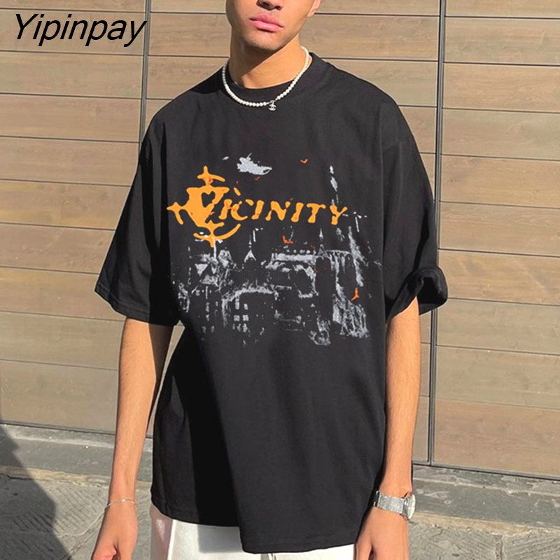Yipinpay Men T-Shirt Oversized Retro Harajuku Hip Hop Streetwear Y2k Graphic Black Summer Short Sleeve Cotton Tops Tees Printed Clothing