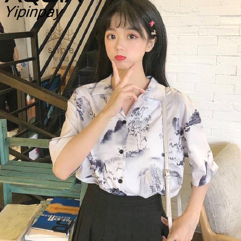 Yipinpay Summer Chinese Style Short Sleeve Women Blouse Shirt Ink painting Printing Ladies White Shirt Button Up Female Clothing