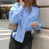 Yipinpay 2023 Office Lady Spring Long Sleeve Folds Blue Women Basic Shirt Korea Style Button Up Woman Tunic Blouse Work Clothing