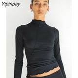 Yipinpay Half Turtleneck Bright Line Two Piece Suit For Women Sexy Long Sleeve Crop Top Skirt Sets 2023 Female Basic Tee Outfits