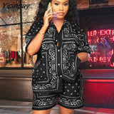 Yipinpay Print Tracksuit Women Short Sleeve Shirt And Shorts Two Piece Sets Female Fashion Outfits 2023 Single Breasted Top Suits