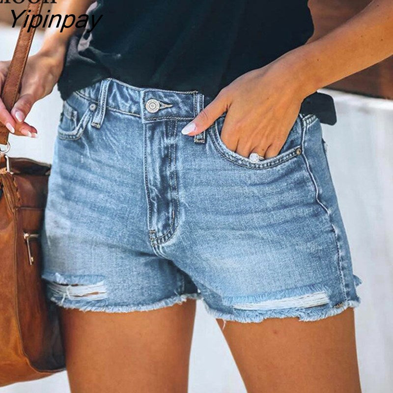 Yipinpay Blue Cotton Cut Off Ripped Stretch Denim Shorts Women Streetwear Mid Waist Pockets Wash Distressed Sexy Hole Jeans Shorts