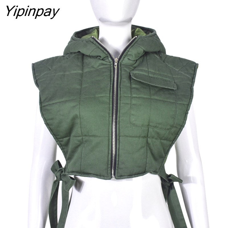 Yipinpay Women Sleeveless Jean Lace Up Vest Coat Female Zipper Fashion Designed Hoodies Streetwear Thickening Outwear Crop Top