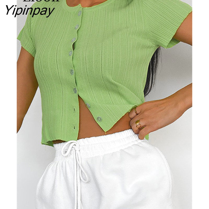 Yipinpay Knitted Ribbed Crop Tops For Women T Shirts Summer 2023 Streetwear Button Up Black Green Tees Sexy Bodycon Short Tops