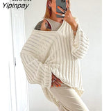 Yipinpay Women Ripped Knit Baggy Sweater Pullovers Long Sleeve Tops Female Jumper V Neck Autumn Winter Streetwear Knitted Sweaters