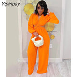 Yipinpay Sexy Pleated Navel-less Hanging Neck Jumpsuit Fashion Long Sleeve Wide Leg Trousers Sets 2023 Spring Female Elegant Outfit