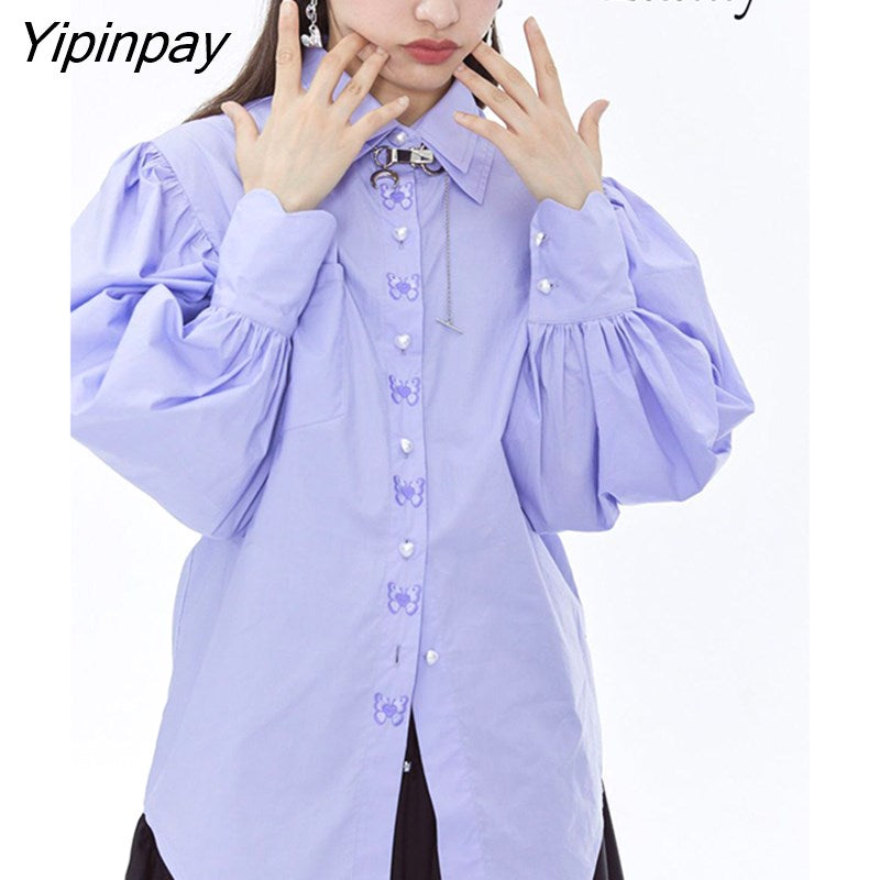 Yipinpay 2023 Autumn court style Long Puff Sleeve Shirt Women Vintage Butterfly embroidery Button Ladies Tunic Blouse Female Tops