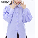 Yipinpay 2023 Autumn court style Long Puff Sleeve Shirt Women Vintage Butterfly embroidery Button Ladies Tunic Blouse Female Tops