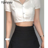 Yipinpay Sexy White Shirt Women Stand Neck Button Short Sleeve Slim Crop Blouse 2023 Summer New Party Y2k Female Clothing Tops