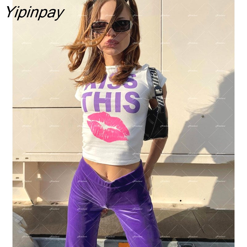 Yipinpay Fashion Y2K Shirt Lips Graphic Crop top T Shirt Women Tops Base O-neck White Tees 90s Kiss Lip Funny Girls French Tshirt