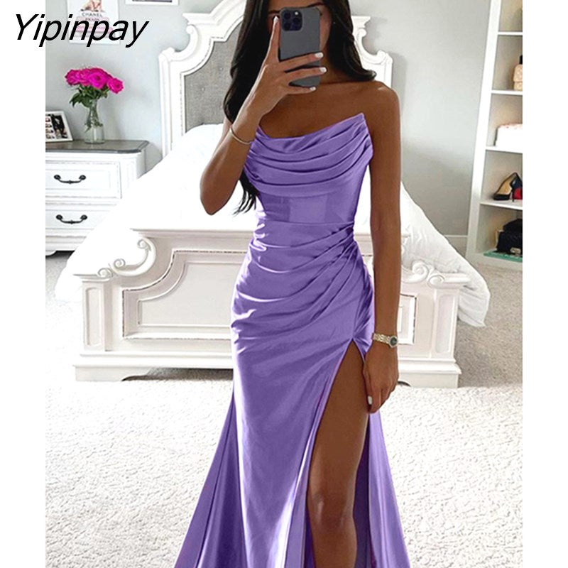 Yipinpay Satin Strapless Pleated Dress For Women 2023 Summer Elegant Festival Evening Lady Dress Sleeveless Side High Split Dress