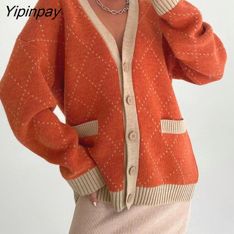Yipinpay Block Plaid Knit Sweater Sexy Button Up Cardigan Long Sleeve Loose Tops V Neck With Pockets Streetwear Baggy Sweater Coats