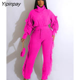 Yipinpay Women's Tassel Knited Tracksuit Sets Elegant Puff Sleeve Turtleneck Sweater And Pants 2 Piece Suits 2023 Warm Sweaters Outfits