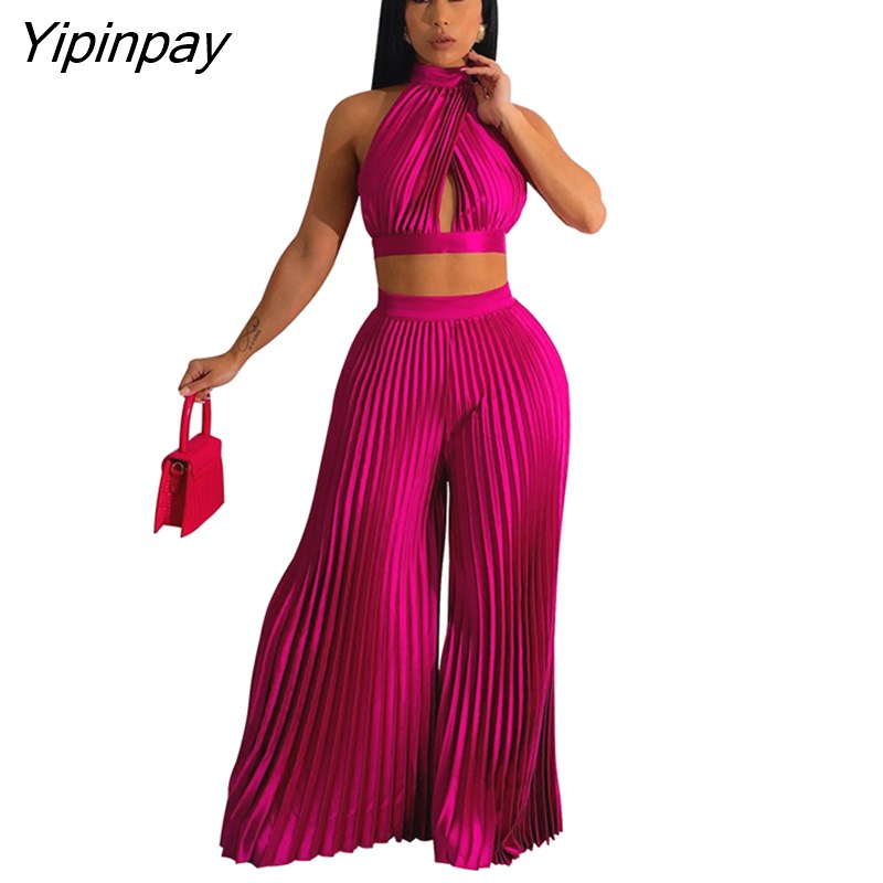 Yipinpay Women Casual Solid Pleated 2 Piece Set Sexy Halter Bra And Wide Leg Pants Suits 2023 Spring Cropped Lace Up Vest Trousers Outfit