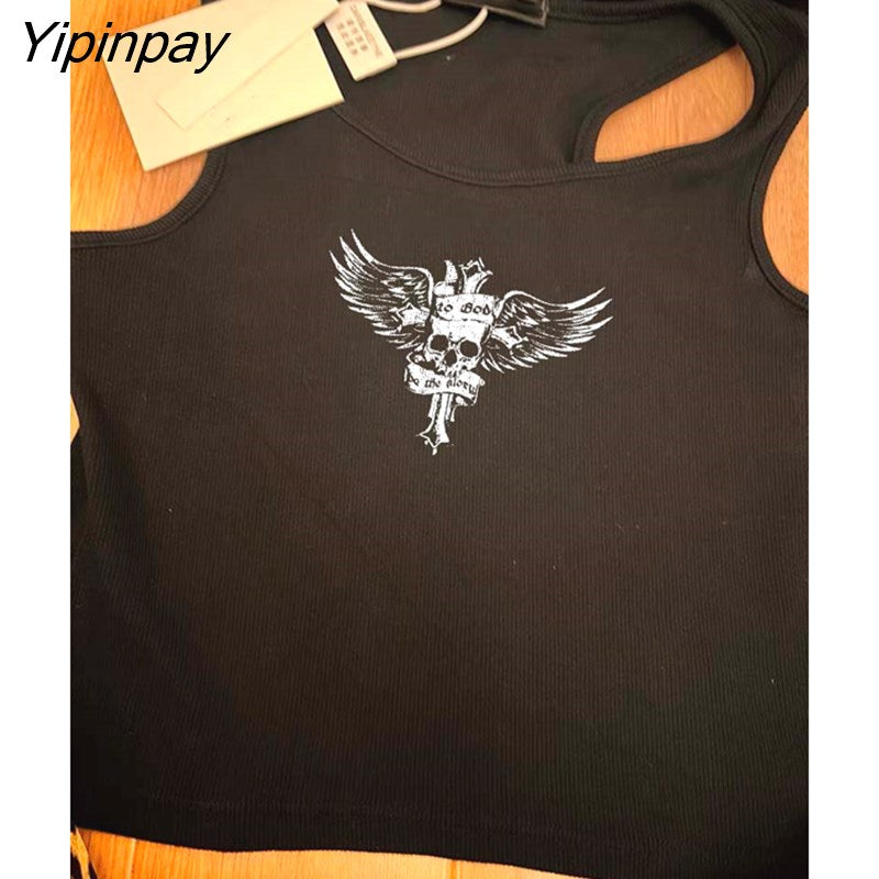 Yipinpay Graphic skull Print T-Shirt Women Streetwear Round Neck Short Sleeve Slim Cotton Crop Tops Tops Femme Summer Casual Y2K