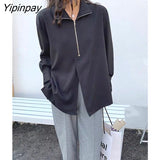 Yipinpay 2023 Autumn Street Style Long Sleeve White Chiffon Shirt Women Zipper Loose Ladies Blouse Casual Female Clothing Tops