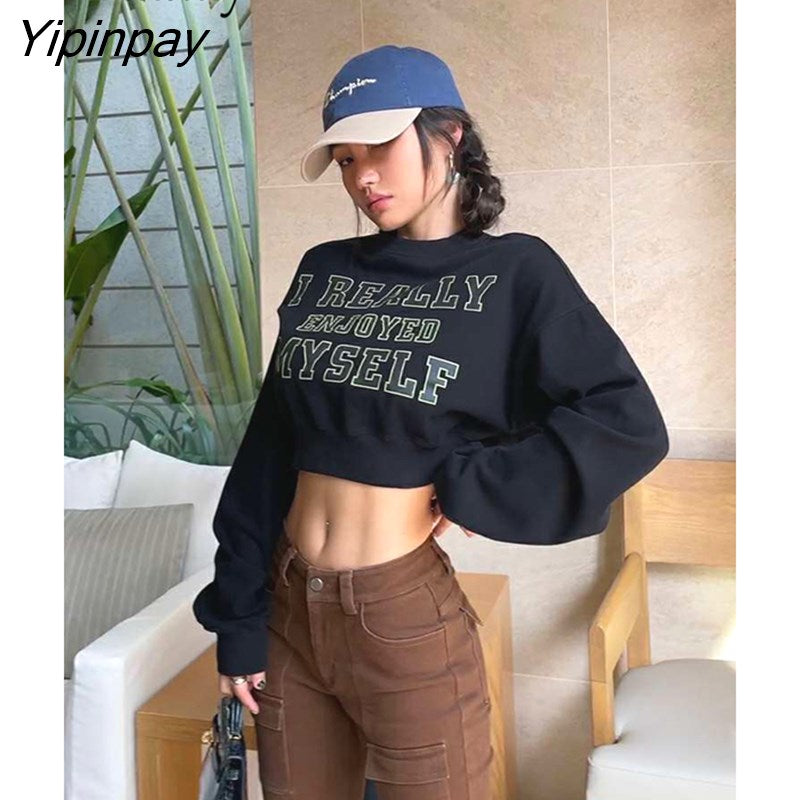 Yipinpay 2023 Winter Hip Hop Letter Print Women Sweatshirt Streetwear Oversize Long Sleeve Ladies Crop Top Hoodies Female Pullover