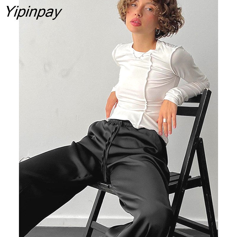 Yipinpay Solid Stripe Slim Basic Shirt Casual Women O Neck Long Sleeve Bottom Tees Spring Female Chic Street Skinny Blouse 2023