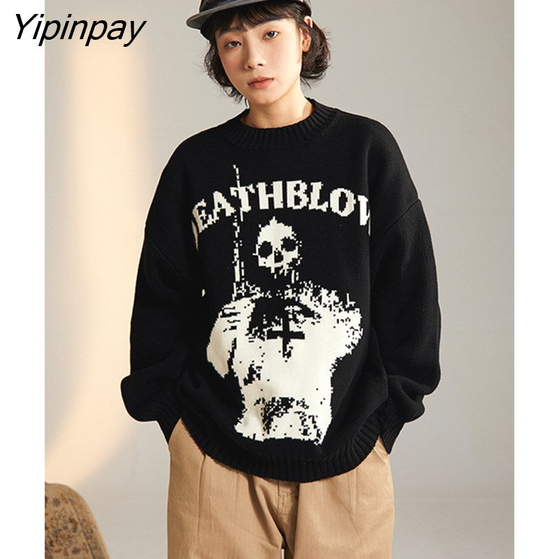 Yipinpay Sweater Women Y2k Tops Long Sleeve Jumper Knitted Skulls Coats Autumn Korean Gothic Grunge Harajuku Pullover Clothing