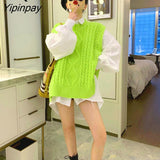 Yipinpay Loose Fluorescent Green Women Sweaters Korea Oversize Knit Woman Sweater Vest 2023 Winter Plus Size Pullover Clothing