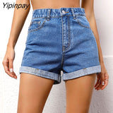 Yipinpay Sexy High Waist Curly Straight Jean Shorts Women Bottoms Summer 2023 New Streetwear With Pockets Blue Cuffed Denim Shorts