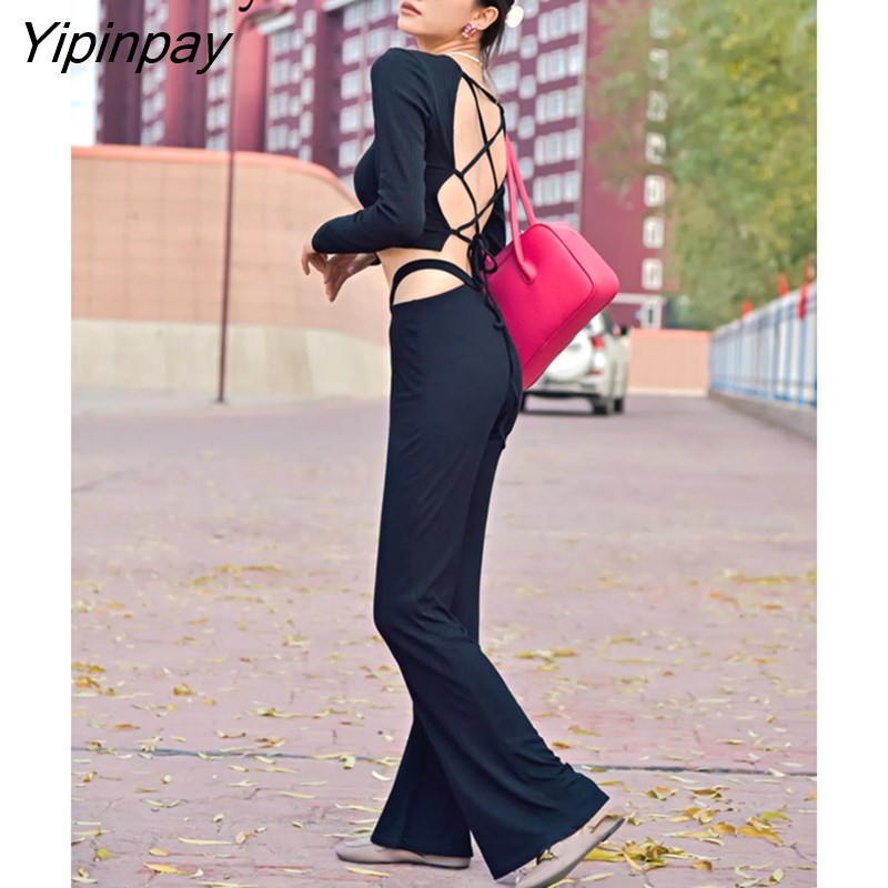 Yipinpay 2023 Autumn Long Sleeve Knit Black Shirt Women Sexy Backless Slim Ladies Crop Tops Korean Style Female Clothing Blouse