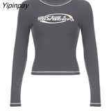 Yipinpay Women T-Shirt Slim Crop Top Retro Elastic Pullovers Korean Fashion Print Grunge Vintage Long Sleeve Tee Y2k Streetwear Clothing