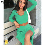 Yipinpay Knit Sweater Two Piece Bodycon Set Women Slit Skirt And Short Tops Long Sleeve High Waist Streetwear Autumn Sweaters Sets