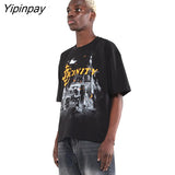 Yipinpay Men T-Shirt Oversized Retro Harajuku Hip Hop Streetwear Y2k Graphic Black Summer Short Sleeve Cotton Tops Tees Printed Clothing
