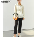 Yipinpay 2023 Spring Elegant Long Sleeve Women Shirt Korea Style Office Lady Belt Button Up Woman Blouse Work Female Top Clothing