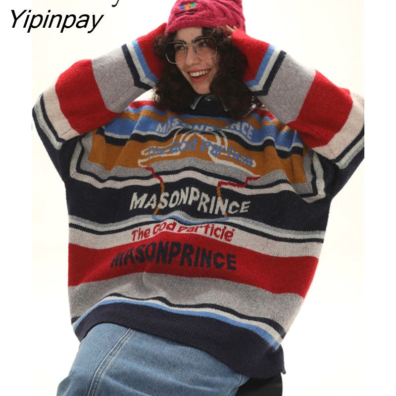 Yipinpay 2023 Winter Vintage Striped Long Sleeve Women Sweater Korean Style Oversize O Neck Knit Ladies Pullover Female Clothing