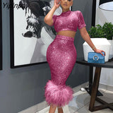 Yipinpay Women Sequins Skirt 2piece Set Female Cropped Slim Blouse Hemline Artificial Feather Bodycon Skirt Suits 2023 Sexy Streetwear 423