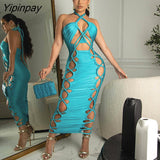 Yipinpay Solid Roped Sleeveless Hollow Lace Up Dress Women Pleated Halter Skinny Skirts Female Summer Backless Bodycon Smocked Skirt