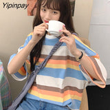 Yipinpay top kawaii T-shirt loose rainbow ropa mujer kpop stripe O-neck short-sleeved girl T-shirt retro T-shirt girl shirt