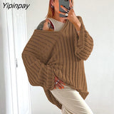 Yipinpay Women Ripped Knit Baggy Sweater Pullovers Long Sleeve Tops Female Jumper V Neck Autumn Winter Streetwear Knitted Sweaters