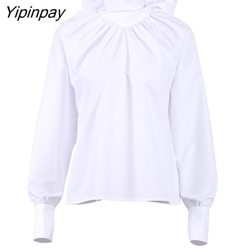 Yipinpay 2023 Spring New Elegant Long Sleeve Women White Blouse Vintage Bow Stand Neck Woman Shirt Female Fashion Clothing Tops